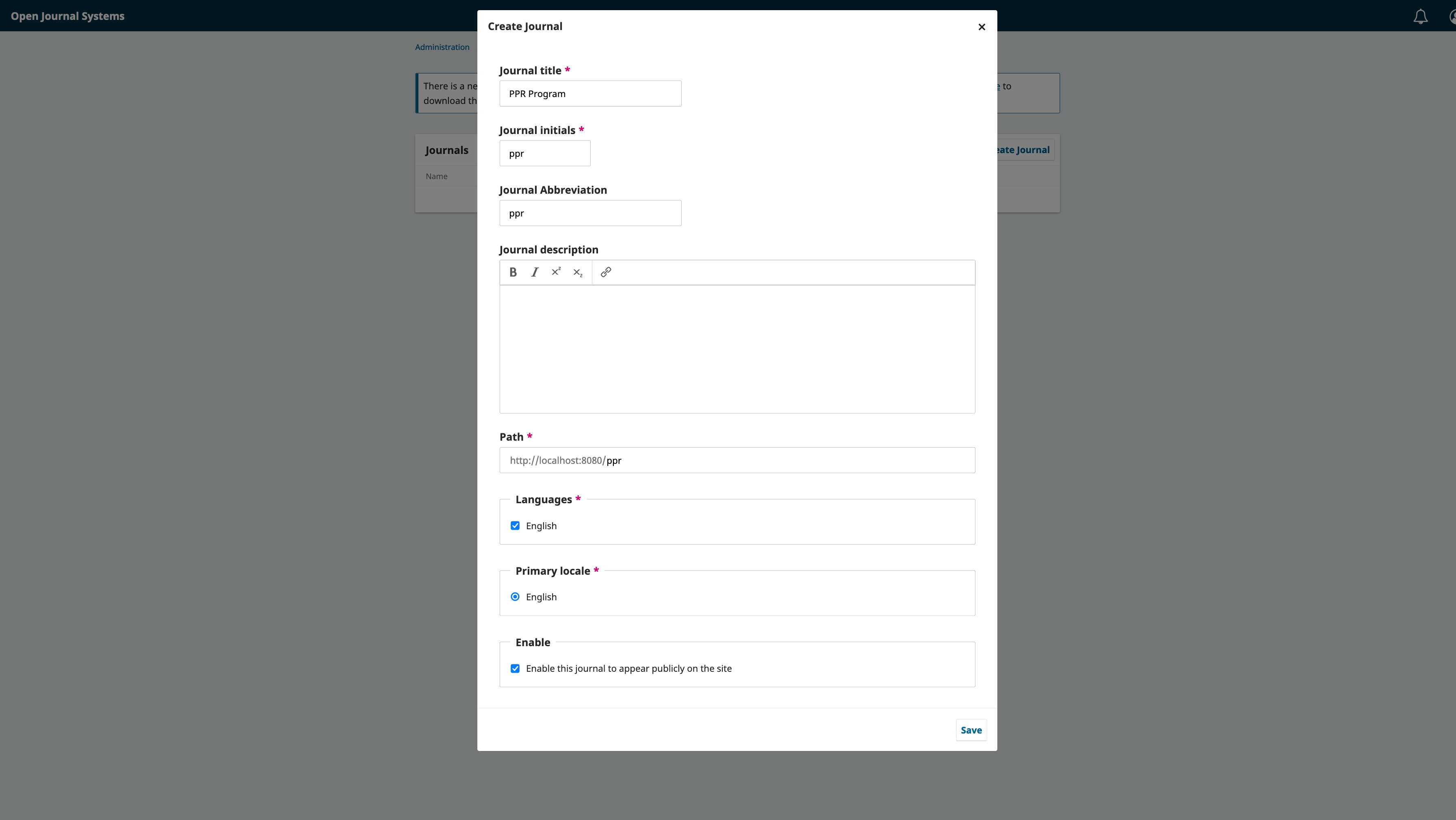 Sample journal settings