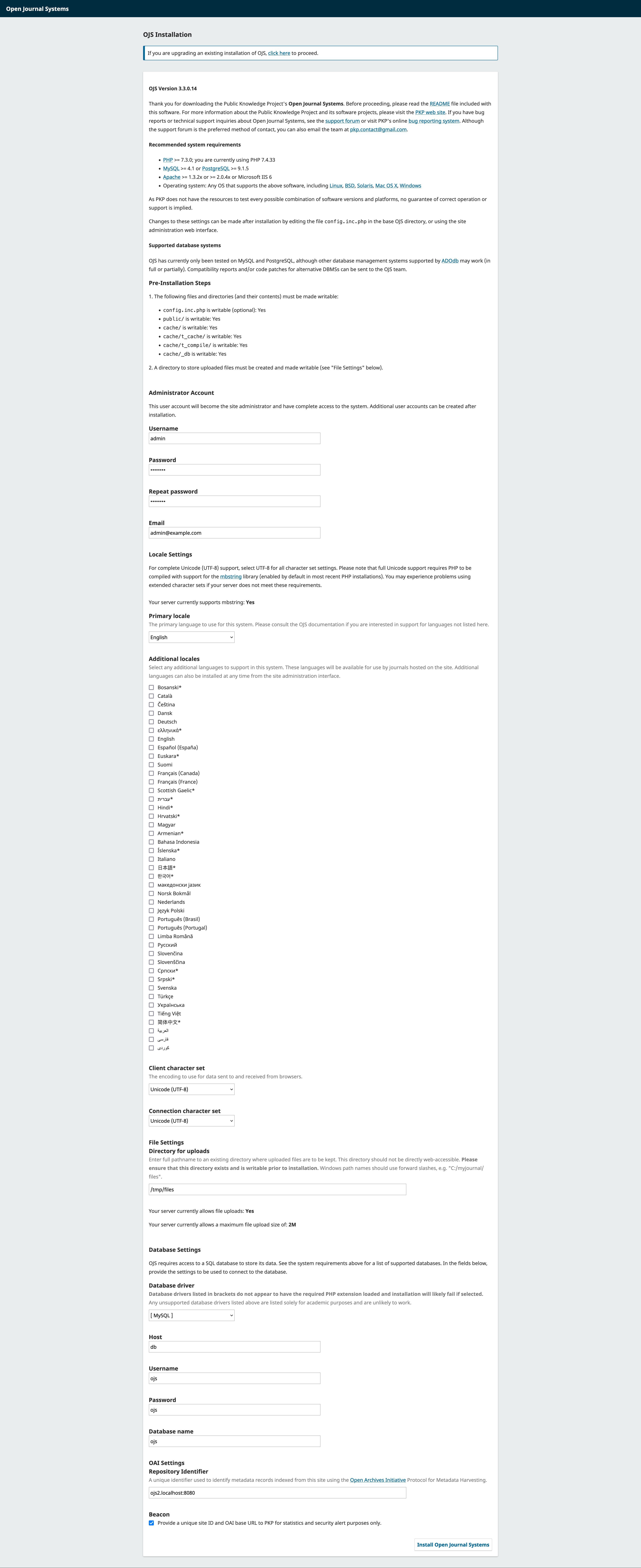 Sample installation settings